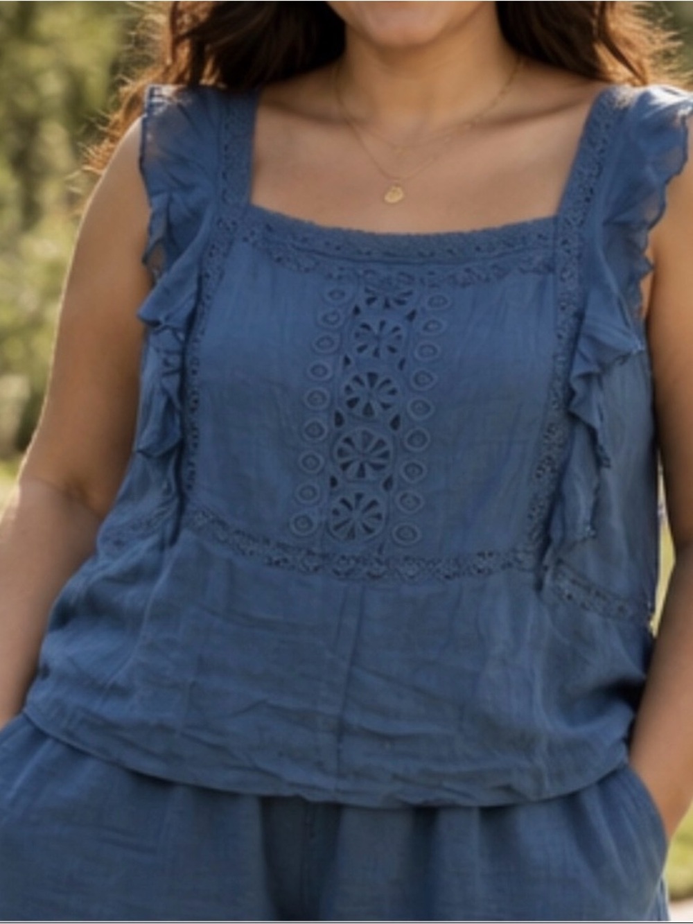 Suzanne Betro Teal Embroidered Ruffle-Sleeve Tank